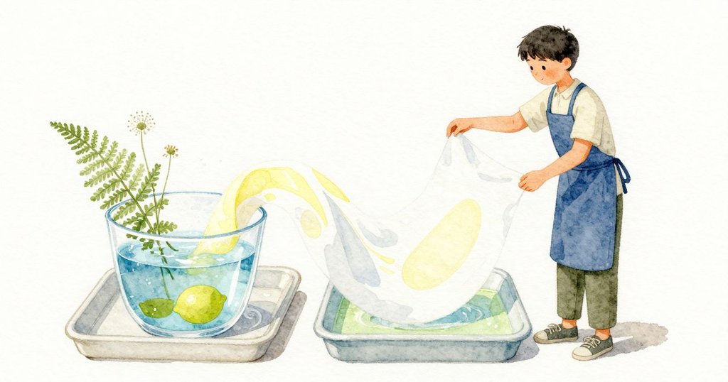 回到工作臺，玻璃像吐氣般輕輕抬起，蕨、蕾絲與種子頭被拿開，檸檬綠的剪影留在暗底上。Juno 把紙浸入冷水，未曝光的黃色成串雲霧般滑落，陰影轉成白，而藍色牢牢鎖住。清洗盤一角短暫泛淺綠後又澄清，紙面中心附近慢慢浮出一圈淡環，呼應先前的橢圓。