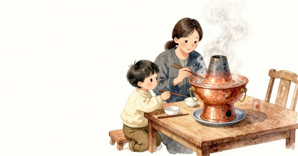 家用銅火鍋的外緣有一道淺色磨痕,蒸氣像薄紗從黃銅煙囪周圍升起;玫瑰色的銅帶在溫暖燈光下柔柔發亮,屋內是冬夜的安靜聲息。