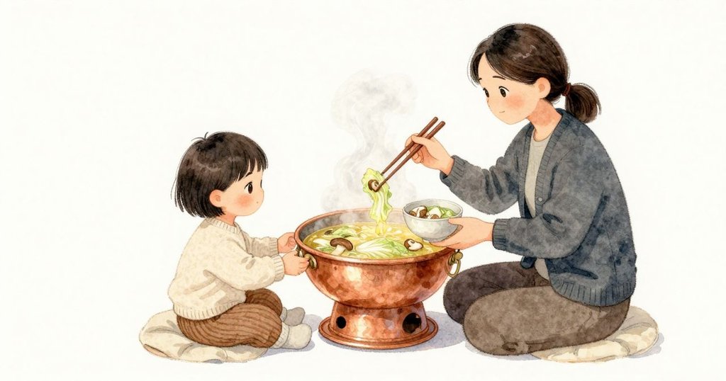 Etta 坐在小坐墊上,雙手捧著由 Reese 放進她掌心的涼下來的碗;Reese 用長筷輕放高麗菜與香菇入鍋,又把軟化的菜夾到旁邊的小盤,銅鍋的內圈靜靜環著湯。