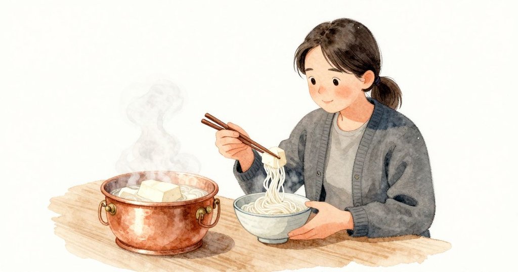 原本硬梆梆的凍豆腐變得彈軟,粉絲從緊密的巢狀鬆成淡色彈圈;Reese 夾起一小塊豆腐放入另一只碗裡散熱,鍋中仍是溫柔的冒泡聲。