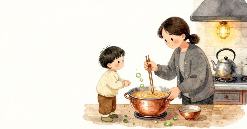 芝麻醬在小碗裡厚實綿密,蔥圈慢慢漂著,溫熱讓一側變得更稀;銅鍋中段被多年擦拭的亮澤柔和,廚房水壺低聲嘟嚕,Etta 斜著頭看著發光的煙囪與外緣那道淺痕,量著它與薄霧的距離。