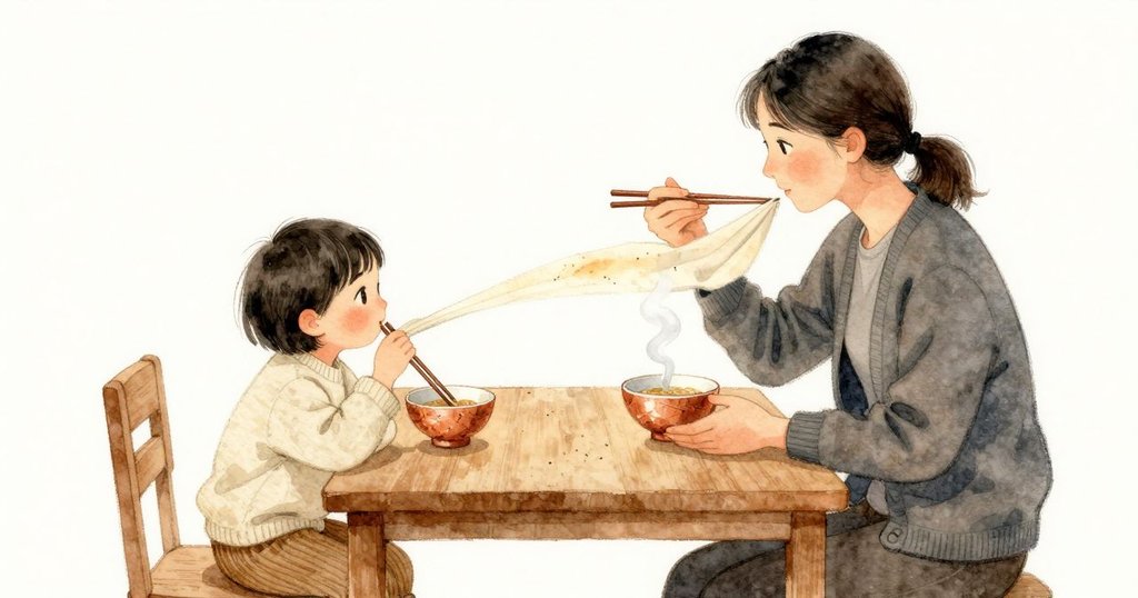 Etta 沒再靠近,只用乾的袖口邊輕觸外緣;那道淺痕在布下軟開,像芝麻油光被抹成一條淡線。Reese 望過來,長筷在碗沿敲了一下。Etta 讓袖口停住,不再多擦,將碗微微一傾,燈光在表面一亮,一縷細蒸氣從碗沿舒展往上升。