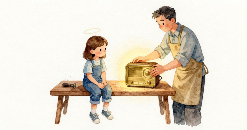 Erik把黃銅色收音機輕輕擺進燈光圈裡,手肘張開穩住重量。工作檯上留著細灰勾出的狹窄光暈,顯出小起子壓過的位置。Nell的指尖懸在那條乾淨邊緣上方,最後把手收入口袋,燈下空氣靜著。