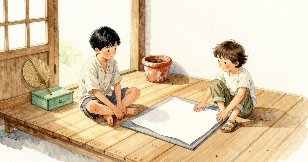 紙安靜地平貼在Grey的草蓆上,暖熱的門廊空氣不動,日照木板散出烘熟的樹脂味。矮桌邊有豆莢的綠,摺起的竹扇躺在小盒裡靠近鬆動的紗門鉸鍊。欄杆旁花盆的缺口落下一圈陶片粉末。Sawyer抱膝坐在台階上,Grey伸長身子趴在蓆上,兩人都安穩地待在這一片熱與木香裡。