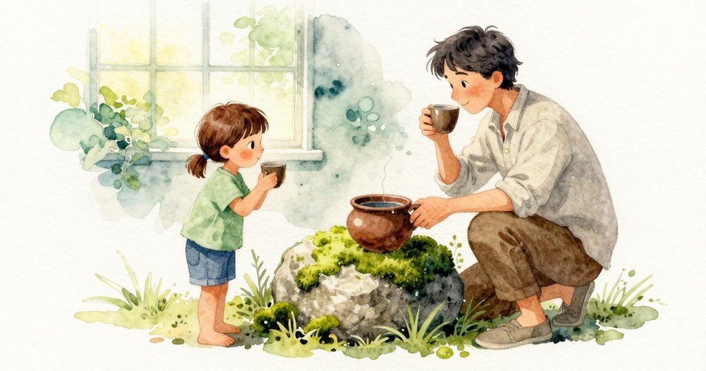 中央那塊石頭上的苔形成柔和的隆起，把石面化成一彎天鵝絨般的弧。邊緣的淺綠一路過渡到深玻璃綠。窗內鍋的濕潤輕響持續，Nestor抬杯啜飲，柔和的苦味似乎在兩人之間傳來，Seren的手停在卵石上方等下一次靜靜的到來。