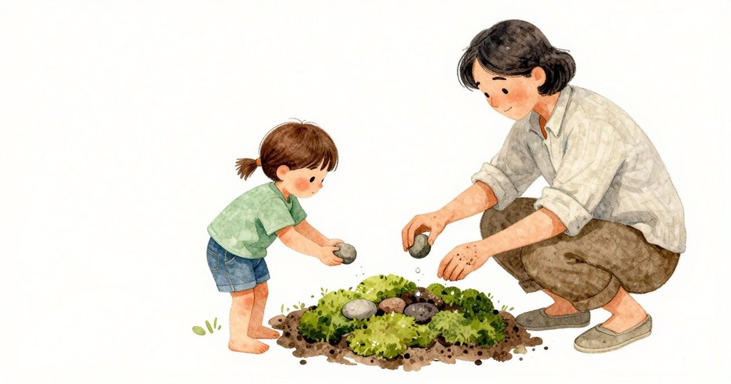 又一顆露珠在苔尖鼓起後落下，幾乎聽不見地碰到濕土。Seren指尖帶著細砂，按下卵石又微微退回，讓環的線條變得勻順。她差點提早放下一顆，手腕卻退開一息，等著鍋聲與下一滴，橢圓便依著苔石的弧逐步成形。