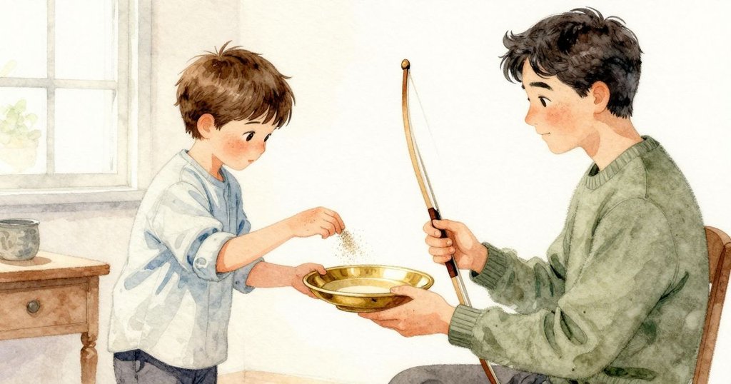 Seth 輕輕將陶碟向 Marnie 的握處一傾,碟子停在雙手與穩定的弓之間;Marnie 的拇指與食指懸著一撮沙,最靠近的紋路仍留下一條空白。細沙黏在指尖,亮音不變,窗邊的日光安靜地呼吸著。