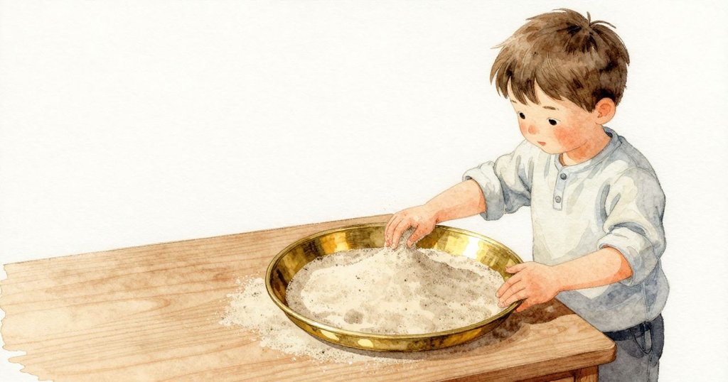Marnie 的空著的手指輕落在黃銅盤邊,紋樣先化開再重新勾勒;陶碟高緣讓沙稍稍堆起,她輕敲一下鬆動沙脊。指尖壓住的邊緣讓空白帶擴大,細白的靜線交織成網。