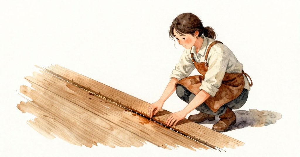 Clara蹲下,用指尖沿著深色痕跡輕輕劃過;木頭乾而微黏,帶著亞麻油和乾草的味道。手腕一偏,木紋在斜光裡現出層次的棕色,邊緣有斑點般的細小流蘇,被光一掃,像鋸齒一樣立起細小陰影。