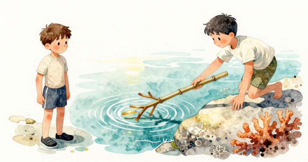 Ben 將玻璃觀察框貼上水面,刺眼反光在框內消失,邊緣起一圈細小水紋;珊瑚分枝在陽光帶照到處成為蜜橙色,陰處板狀邊緣帶著淡綠。Kieran 把竹棒懸在水面上,細影落在淡色岩石上。