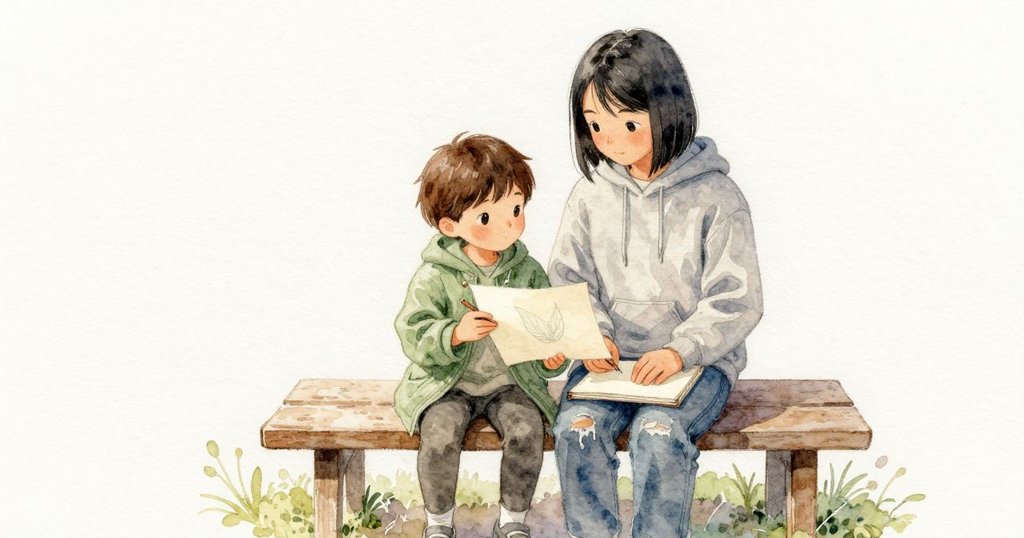 Iris微微前傾但不觸碰；年長的手足在旁邊舉起一本素描本的一張小頁，頁面淡霜色，上有簡單的葉形鉛筆線；清晨的冷柔光落在他們的膝上與長椅。