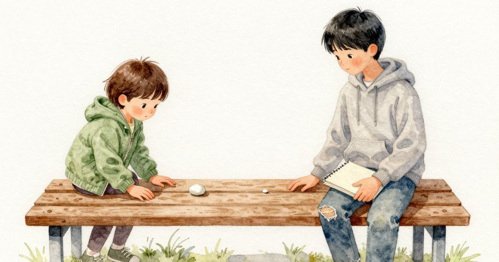 在他們輕聲話語剛落時，一顆小小圓白石子從Iris的外套口袋滑出，啪地一聲碰到木頭，順著長椅木紋慢慢滑動；Iris的手微微抬起但尚未伸出。