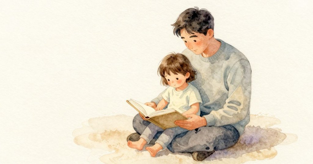 打開的書平攤在 Eve 的膝上，紙面光滑而淡，Eve 坐在父親腿上，背靠著他柔軟的衣料。紙張的溫暖氣味在近處微微上升，室內安靜，淺色衣料與米白紙面在柔和日光中靜靜相貼。