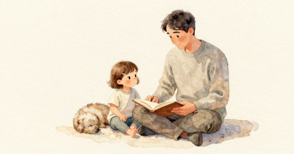 一團捲曲的寵物貼著 Eve 的外側腿，柔軟的毛輕輕觸到她，呼吸緩慢而均勻。書仍攤在她膝上，父親的手讓它穩住，紙、衣料與溫暖的毛一起在安靜的日光中。