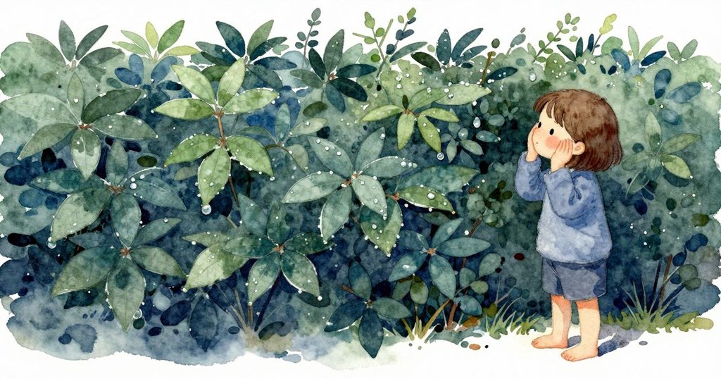 Rosa 再度望向綠籬，葉面上開始聚起露珠。小小的圓滴安穩地坐著，抓住夜裡僅有的一點亮，在深綠上閃著柔光。空氣清涼，我們只是看，讓露珠慢慢成形。