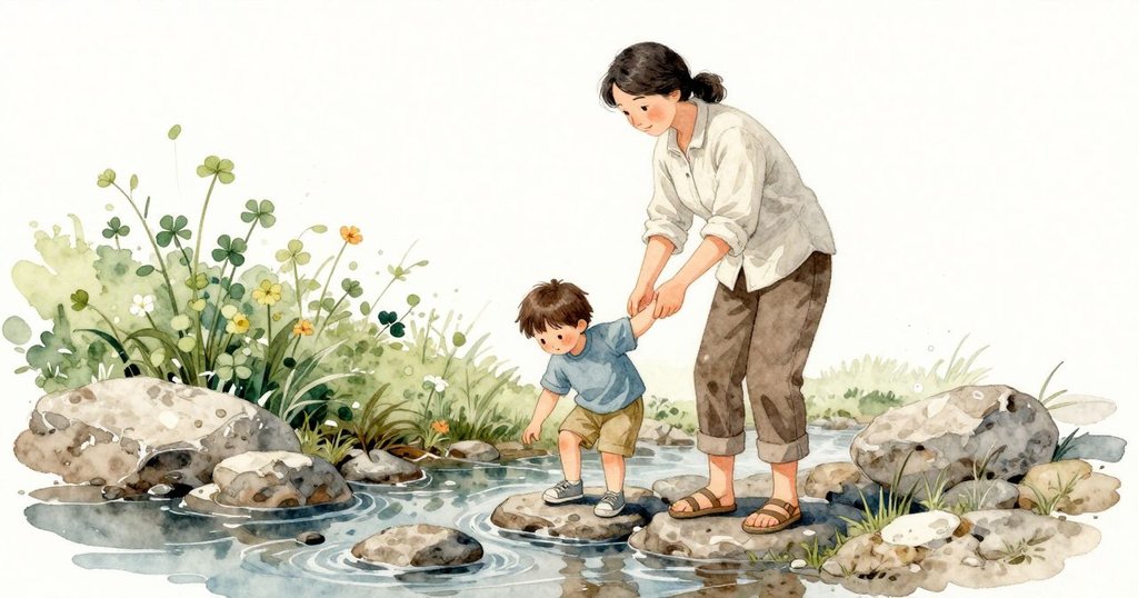 他們走過花叢來到溪邊。Ada 小心地踩在石子上,有一顆光滑的小卵石微微晃動。阿姨握著 Ada 的手腕穩住她。淡淡的苜蓿氣息升起,葉子沙沙作響,細小的水聲從石縫間傳來。溪畔的光線更清涼,色調轉為灰綠。