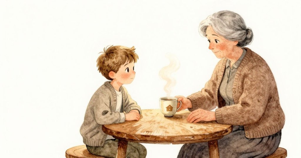 小杯子在木桌上輕輕一響,蓋子上有一棟棕色小屋。Callum 把手肘放在低矮的木桌上,祖母坐在他身旁,很近。溫熱的茶香往上升,日光從一側進來,落在杯身與桌面的木紋上。