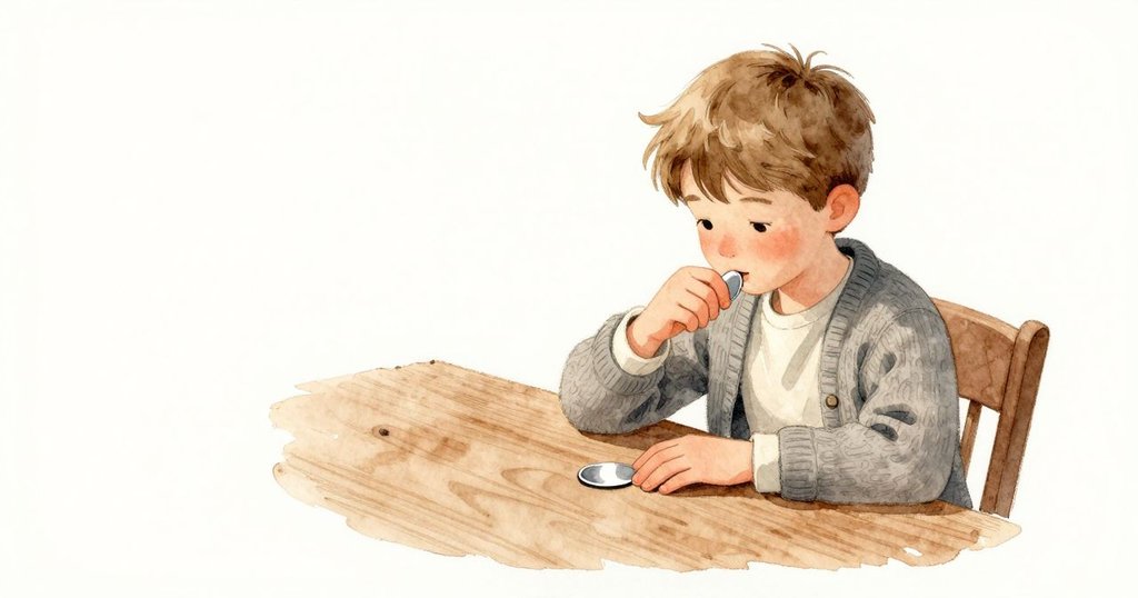 一片銀色拼圖先停在 Callum 的袖口上,隨即滑落,輕輕貼在木桌上。它靠著袖子躺平,日光在銀色邊緣留下一道柔亮。