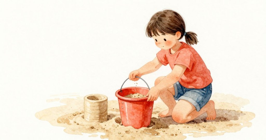 Lily 把小塑膠桶倒扣在沙面上，慢慢往上提起；當桶緣離開，嶄新的沙柱穩穩站著，邊緣濕潤而平整。桶內壁帶著薄薄的濕痕，幾粒細沙沿著邊緣滑落。陽光下，沙柱腳邊有一圈柔和的陰影。
