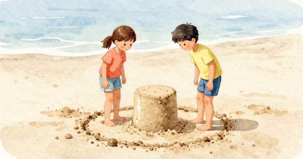 Cole 站在 Lily 身旁看著新立起的沙形，視線落在底部那圈較深的環痕；Lily 靠近卻不觸碰，手停在一旁。深色環帶在陽光下微微發亮，外圍較乾的沙面顯得更淡。海邊的聲響細細而穩。