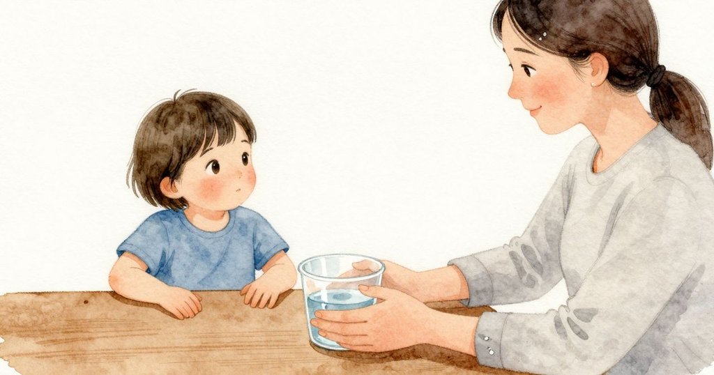 母親雙手穩穩地托著沖洗杯，水面安靜不動。Tara 靠近桌邊看著，身子還押在木邊上。母親灰色袖口上的小小水珠與乾掉的點子在光下不動，室內光線平穩，空氣也跟著安靜下來。