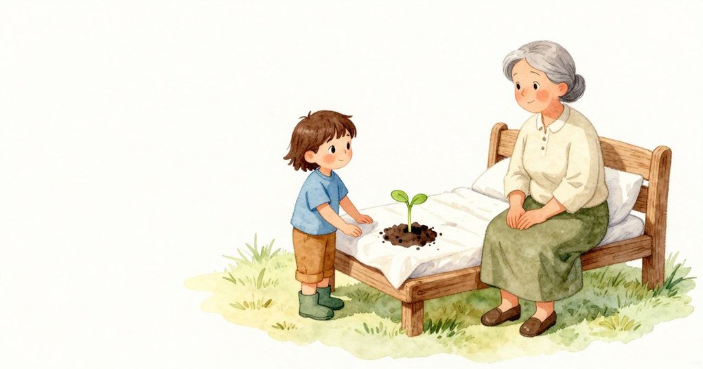木長椅上的方形餐巾還在原位,折線整齊。豆苗旁的土面留著一圈深色的濕痕,安靜地貼著泥土。陽光溫暖著長椅與石板,花床邊緣清涼而靜。