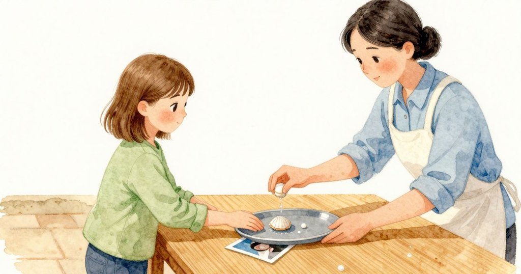 一顆小水滴從托盤裡的貝殼滑下，先落在 Gwen 冰涼的手腕上，再滾到那張小照片的光滑邊緣，閃成一顆小珠；接著它滑到木桌上，在她手掌旁攤成一點新鮮的濕痕。