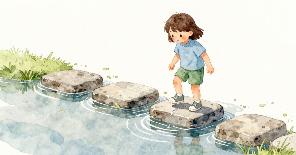 一滴水落在平坦的踏石上,水紋一圈圈散開。Cora踏上石面,鞋子在石頭上保持乾爽。石頭邊緣較深,薄水映出附近的綠。