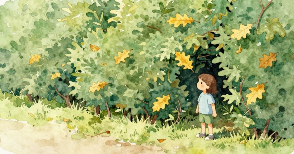 黃色葉片從綠籬低處的縫隙滑出,離開了公園。Cora停在草地邊緣注視那個小開口。綠籬濃密安靜,地面短草踏實。