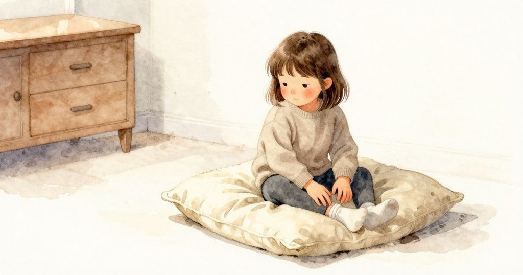 Maren 坐在地墊上,膝蓋壓出一個新的柔軟凹陷;布下還留著舊日的痕跡,廊間飄來淡淡茶香,溫暖而安靜。
