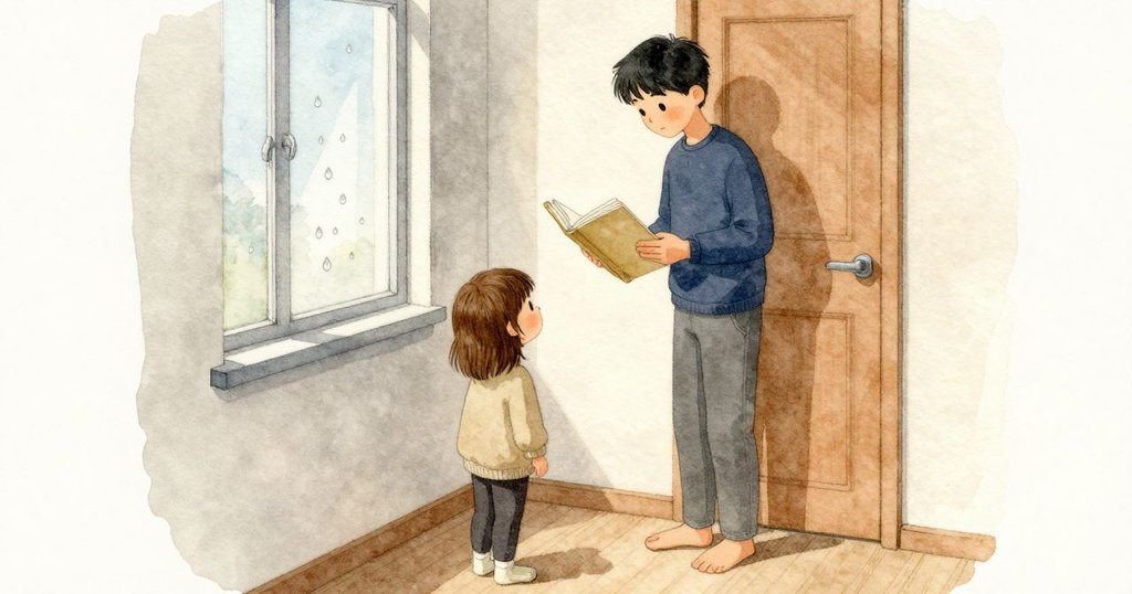 年長的手足在門口捧著一本打開的書安靜閱讀;Maren 在房內看著窗上的雨滴,門外較暖的光和窗邊較冷的灰藍光在室內相遇。