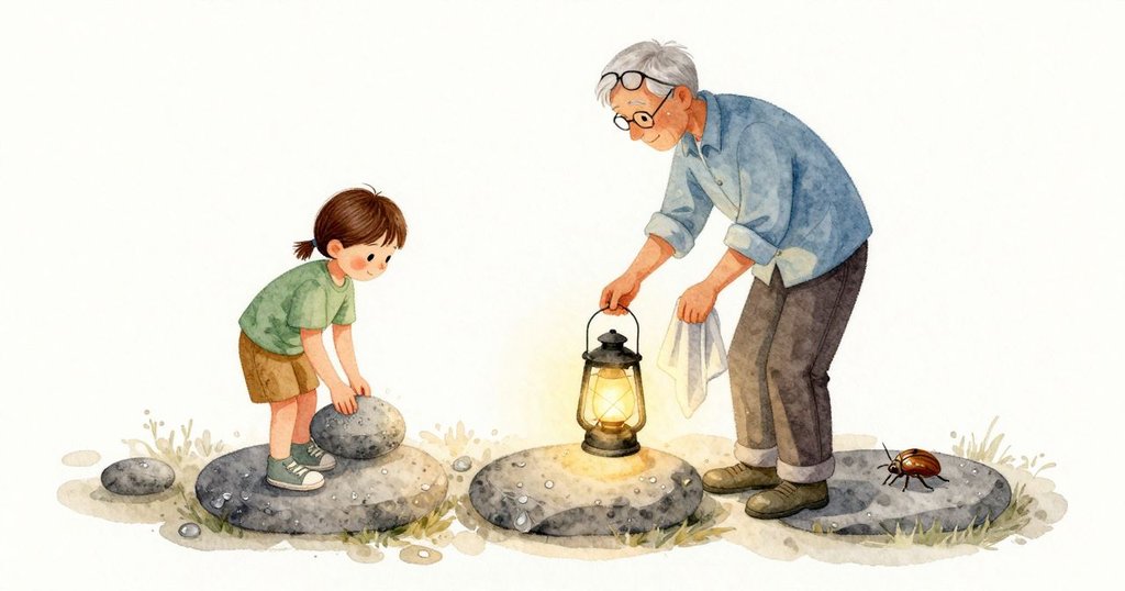 Kit把扁平的斑點石放到圓灰石上，三塊踏石各自排著三顆小石子。小徑的灰塵不動，露水貼在淡色石面，燈光穩穩不變。祖父撫平手中的布，望著這一列；一隻小甲蟲在長橢圓石上慢慢往上爬。