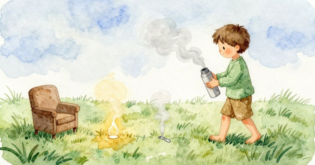 保溫壺的蓋子輕輕一響，Quinn眨眼停手，手指沿著毯邊走了幾步便歇下；草上方再現一抹金色脈動又淡去，壺口的蒸氣變得稀薄；先前那根草尖此刻套著一圈細細的濕環，在涼藍的暮色裡清亮可見。