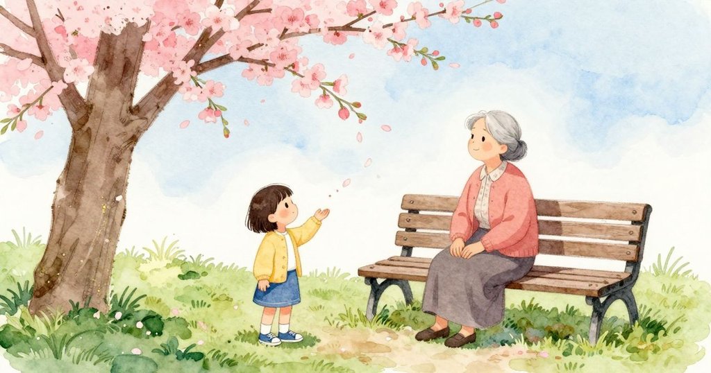 一片柔粉色花瓣在空中輕輕打轉，Sara 站在低垂枝條下仰望，成串粉色花簇垂落，平滑樹皮上有一道細細的花粉線。旁邊的木製公園長椅上坐著祖母，空氣清澄，日光溫和灑在樹與長椅的棕色紋理上。