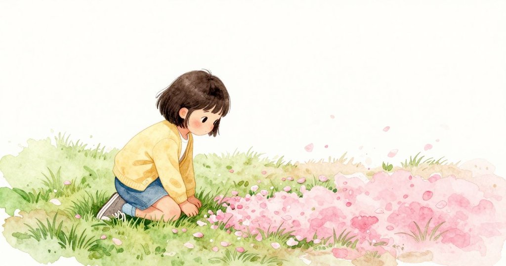 Sara 跪在草坪邊緣，膝蓋壓在柔軟春草上，細長草葉輕掃她的小腿。邊緣處堆著層層粉色花瓣漂積，安靜地貼著淡色土面，在和煦日光下靜靜停住。