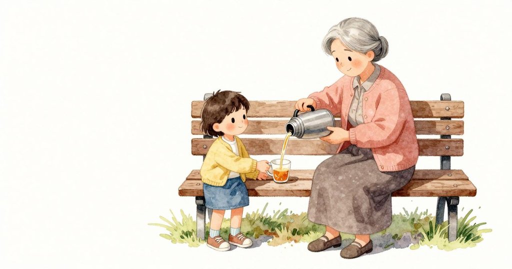 Sara 轉向木製公園長椅，祖母輕聲哼唱並將保溫瓶微微傾斜，暖茶細細流入小杯，輕巧一濺又安穩下沉。杯子放在磨滑的座板上，春日光線溫柔落在木紋與衣料上。