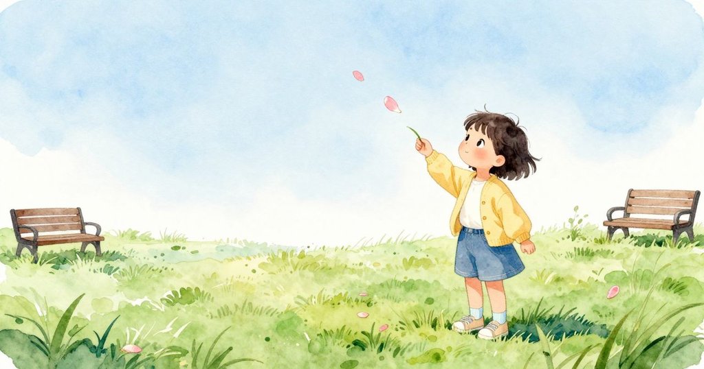 Sara 再次抬眼望向空中，一片柔軟花瓣此刻下落，剛好掛住一根草尖，綠刃微微一彎托著粉色。天空清藍，日光均勻而溫和。