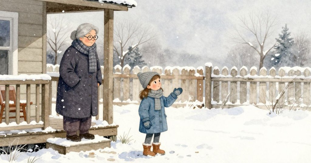 Inez 站在門廊邊緣向外望去,雪慢慢落在院子裡。祖母在旁邊陪著,圍欄線條被雪和冷空氣柔化,整個早晨安靜而均勻地發亮。