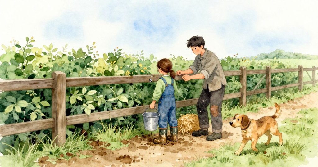 院子裡帶著動物溫熱的氣息與潮濕稻草味,農家狗叮當著項圈小跑過去。靠著綠籬,家長正跪在欄杆邊敲釘針,木頭發出沉悶回應。Winona 提著桶走在泥濘小徑上,每一步靴底都被拉住再鬆開,天空淡藍,欄旁綠葉深濃。