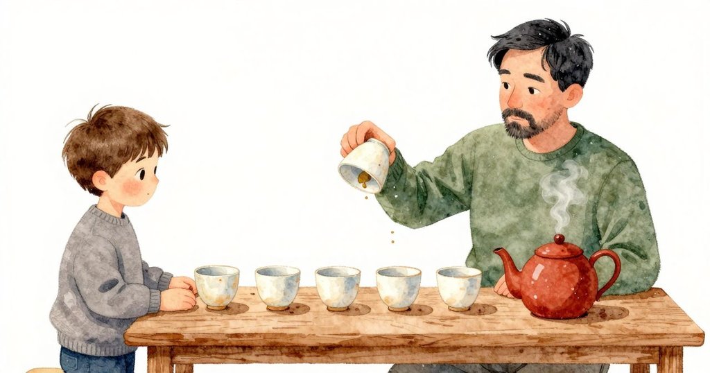 壺蓋微傾,裡頭的葉片一圈圈舒展,有一顆緊實的珠子像脫殼般鬆開。Finn把聞香杯倒扣在對杯上,手肘找到安靜的角度,抬起空筒時,薄瓷散熱,香氣更深。木紋穩穩托著杯子,雨光讓邊緣柔和。