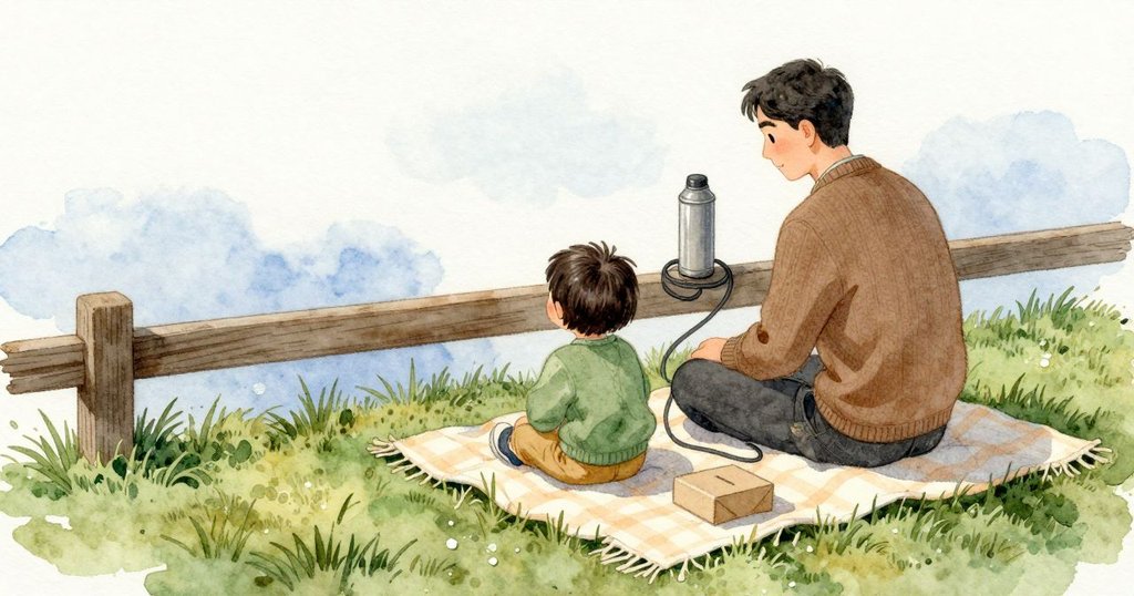 孩子和父親並排坐在柔軟摺好的毯子上,面向一道低矮的木欄與光滑的欄杆。毯子邊,一條下午散步用的牽繩盤成一圈放在保溫壺旁,緊閉的小食盒倚著牠們。草地潮濕,薄薄的土腥氣從深綠的草叢升起;木頭呈現安靜的棕色,夜色剛落下淡藍的涼意。