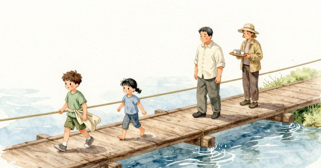 Nolan 跨上繩橋前段,以更短更穩的步伐行進;每一步在木板上敲出清楚節拍。一道輕風順溪溜過,繩索顫動、橋身舒一口長氣般地擺動,他用指尖掠著麻繩扶手順著擺幅調整步伐,水在下方明亮奔流。