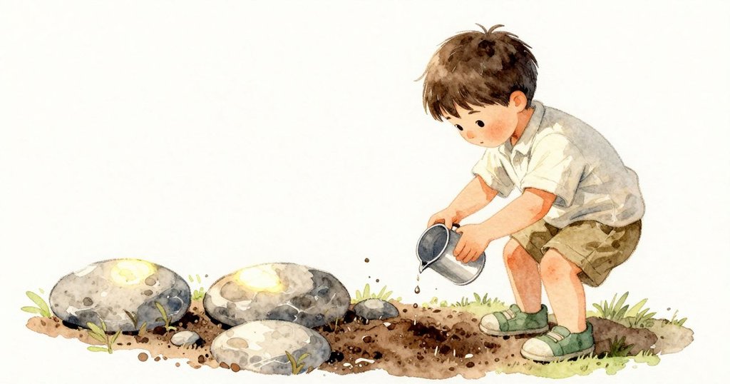 光在澆水中段忽然變亮，孩子立刻收住手，壺停在土上方。一滴慢慢墜下，帶著乾灰捲成小小的棕色珠子，輕輕滾進兩塊石頭之間的縫隙。