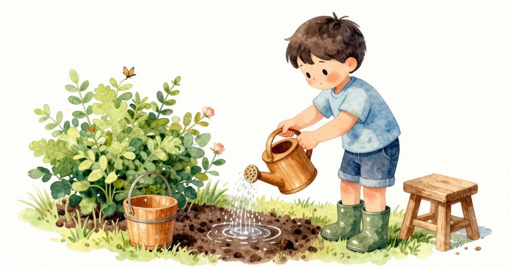 Neve 雙手扶著小木製灑水壺，玫瑰形灑水頭灑下清涼細水，讓土色慢慢變深。水龍頭木架旁的小木桶散出乾淨的木香，籬笆上方一隻小弄蝶掠過又轉身離去。光線漸亮，落在濕潤土粒與壺口的磨痕上。