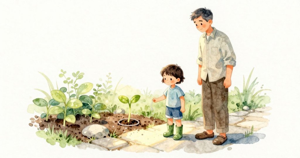 陽光灑在平滑石徑上，殘餘露珠漸漸乾去。菜畦裡一株豆苗腳邊圍著一圈薄薄的濕痕，土色在那裡略深。小小莖幹扶起兩片嫩葉，在日光中發亮；乾爽的石面顯得更清淺。