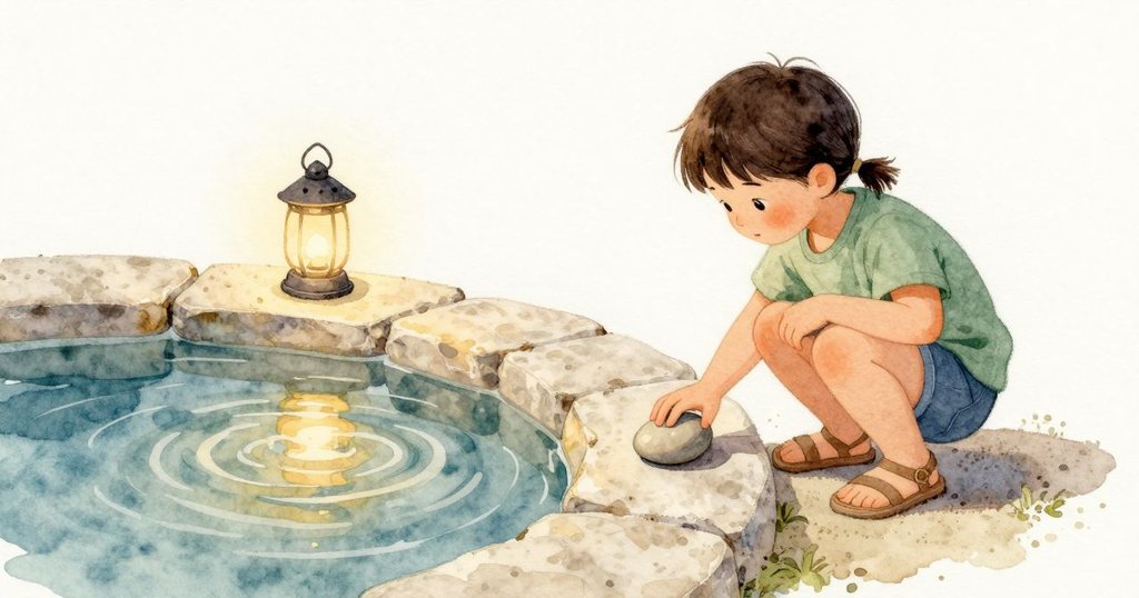 石子在溫暖的水面邊停住不動。淡色踏石上拖著一條細細的路塵痕。Zara 用一根手指把一顆石子平貼在石面，指下觸到光滑與穩定，池水邊緣映著微微金光。