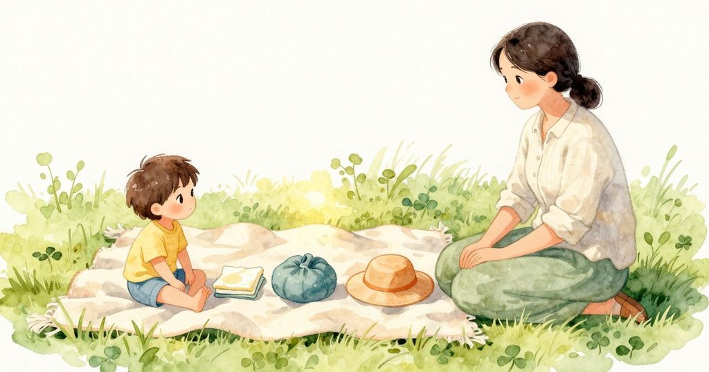 沿著毯子一道柔軟的摺痕,Lyra把小餐巾、小豆袋與小小折疊的遮陽帽整齊排好。一束細細的陽光橫落在這道摺痕上,邊緣被照亮。阿姨坐在旁邊,暖草傳來淡淡的酢漿草香。