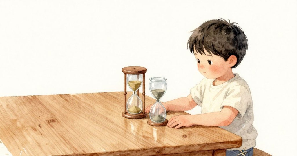 兩個沙漏並排放在木桌上，孩子的雙手平貼在清涼的桌面上，想一同比一比兩道緩慢的落沙。柔和的日光讓一隻玻璃更亮，另一隻更靜。