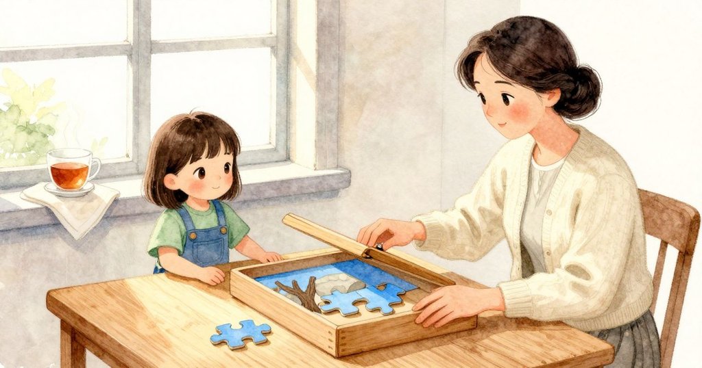 再按一下盒蓋中央,蓋緣更彎,沿邊開出一條小縫。靠近的角塊滑出盒緣,掠過桌面,輕輕碰到小木製分類盤。盒內一塊天藍色拼圖轉動,圖面現出石岸與深色樹幹。Phoebe 露出小小的笑意;窗邊明亮處,阿姨把摺好的餐巾安放在光滑的窗台上,旁邊是一杯溫熱的茶。