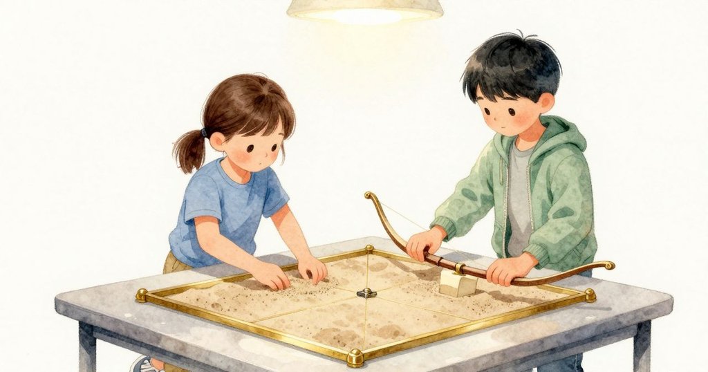 在一個角落沙子撒得太厚,Bea 以兩根指尖把那一小灘輕輕移向遠邊。方形黃銅板上的散沙漸漸變成俐落邊界,從角到角筆直延展,在中央夾具處整齊交會;Paul 靠近板緣守著弓,讓圖樣清晰起來。